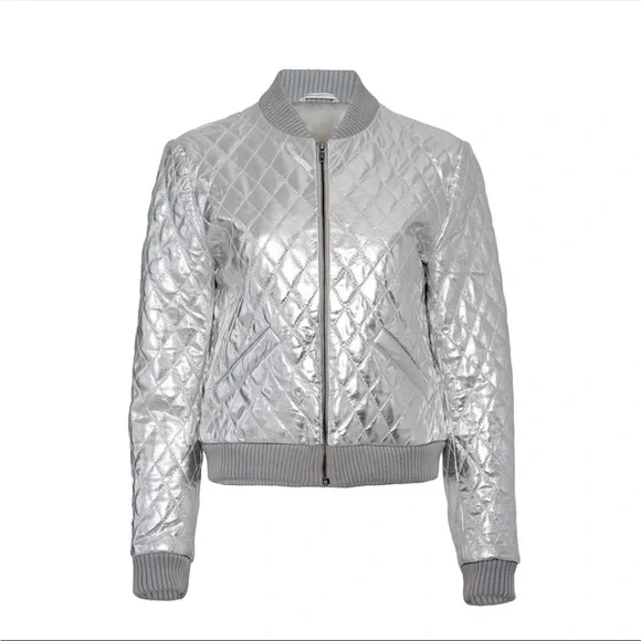 Nicole Miller Artelier Silver Quilted Lamb Leather Bomber Jacket Small - Picture 1 of 9